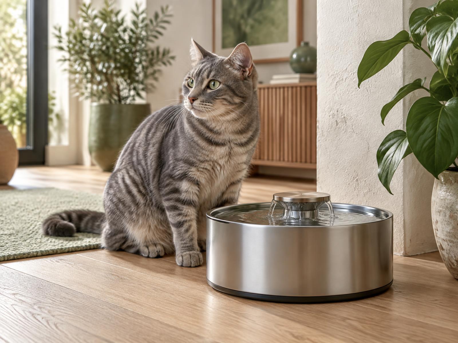 Chat près d’une fontaine à eau sans fil en inox dans un intérieur moderne